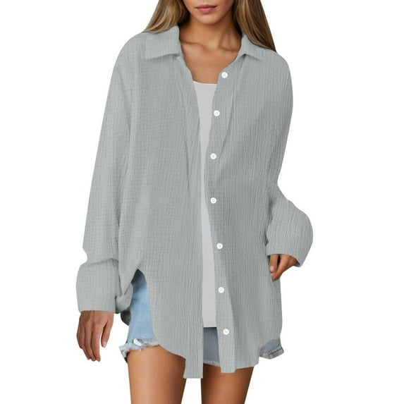 YABCSAZ Women's Long Sleeve Button Down Shirts Plus Size Solid Color Blouse Tops Oversized Workout Casual Jackets Shirts for Women