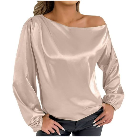 YABCSAZ Women's Long Sleeve Silk Shirts One Shoulder Plus Size Loose Casual Shirts Tops Oversized Solid Color Blouse Tops