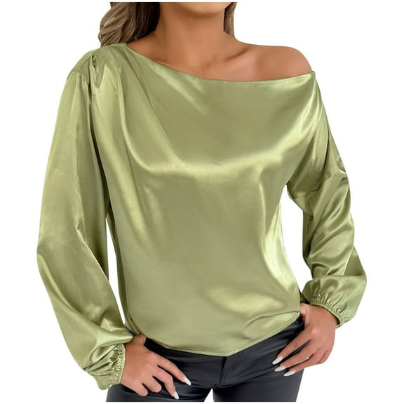 YABCSAZ Women's Long Sleeve Silk Shirts One Shoulder Plus Size Loose Casual Shirts Tops Oversized Solid Color Blouse Tops