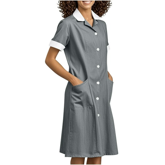 YABCSAZ Women's Nurse Dress Button Down Lapel Short Sleeve Scrub Uniforms with Pockets Lightweight Scrubs Workwear Spa Salons Staff Solid Color Housekeeping Hospital Nurse Scrub Coat Uniform Dress