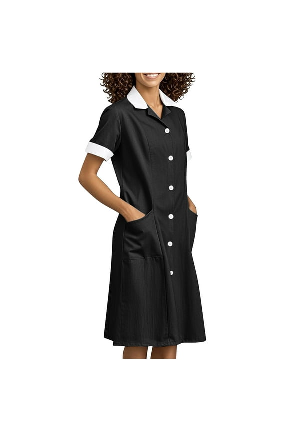 Women's Nurse Dress Button Down Lapel Short Sleeve Scrub Uniforms with Pockets Lightweight Scrubs Workwear Spa Salons Staff Solid Color Housekeeping Hospital Nurse Scrub Coat Uniform Dress