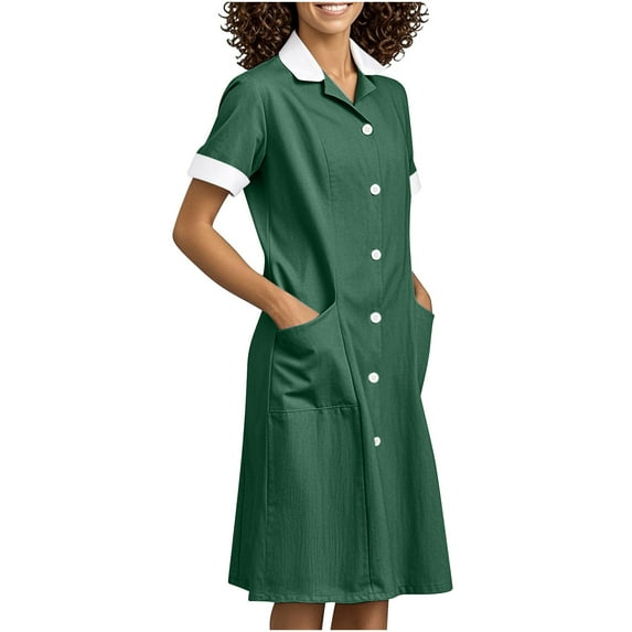 YABCSAZ Women's Nurse Dress Button Down Lapel Short Sleeve Scrub Uniforms with Pockets Lightweight Scrubs Workwear Spa Salons Staff Solid Color Housekeeping Hospital Nurse Scrub Coat Uniform Dress