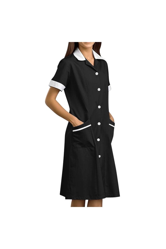 Women's Nurse Dress Button Down Lapel Short Sleeve Scrub Uniforms with Pockets Lightweight Scrubs Workwear Spa Salons Staff Solid Color Housekeeping Hospital Nurse Scrub Coat Uniform Dress