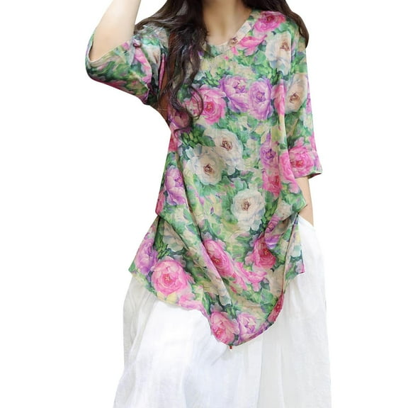 YABCSAZ Women's Oversized T Shirts Plus Size Cotton Linen Long Sleeve Shirts Loose Fit Casual Workout Floral Printed Tunic Tops, Fall Clothes for Women