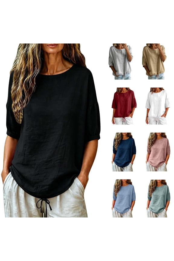 Women's Round Neck Puff 3/4 Sleeve Drawstring Hem Cotton Linen Casual Blouse Tops, Loose Fit Summer Blouse with Adjustable Hem, Green