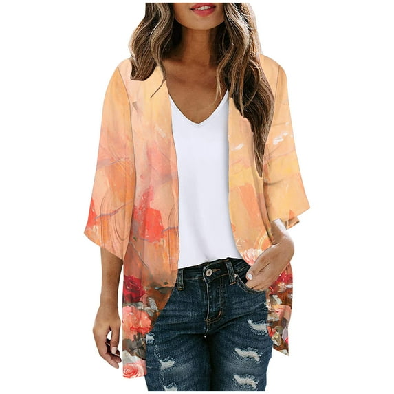 YABCSAZ Women's Tops 3/4 Sleeve Lightweight Printing Cardigan Casual Loose Fit Open-Front Plus Size Coat for Beach Outwear Summer Saving Clearance!