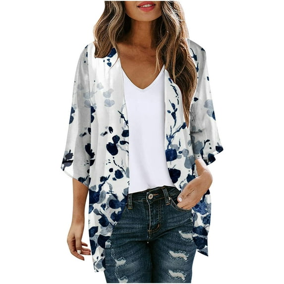 YABCSAZ Women's Tops 3/4 Sleeve Lightweight Printing Cardigan Casual Loose Fit Open-Front Plus Size Coat for Beach Outwear