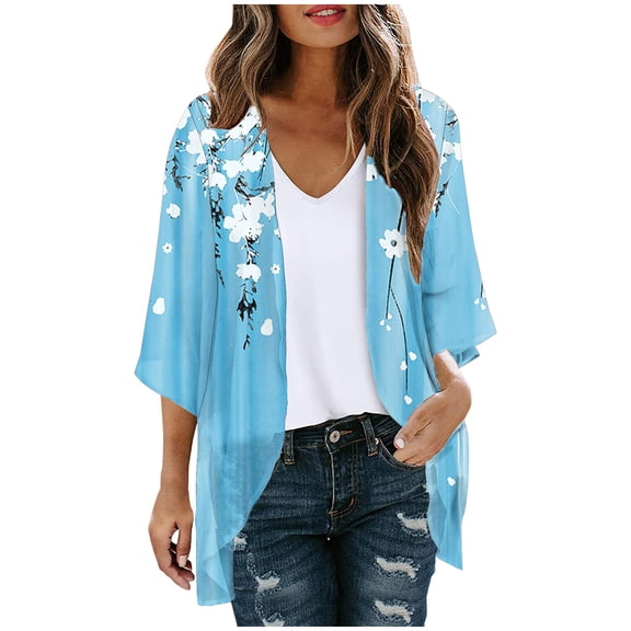 YABCSAZ Women's Tops 3/4 Sleeve Lightweight Printing Cardigan Casual Loose Fit Open-Front Plus Size Coat for Beach Outwear Summer Saving Clearance!