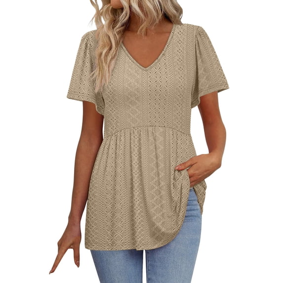 YABCSAZ Women's Tops Short Sleeve Summer Tops Eyelet Embroidery Top Casual Loose Fit T Shirts V Neck Basic Tanks Soft Comfy Solid Color Cute Tops for Women