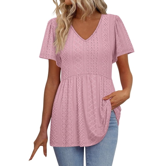 YABCSAZ Women's Tops Short Sleeve Summer Tops Eyelet Embroidery Top Casual Loose Fit T Shirts V Neck Basic Tanks Soft Comfy Solid Color Cute Tops for Women