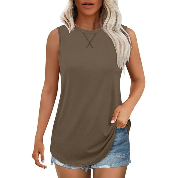 YABCSAZ Women's Tops Sleeveless Loose Fit Flowy Tank Crewneck T Shirts Solid Color Tops Workout Clothes Summer Casual Plus Size Tanks Shirts for Women 2025
