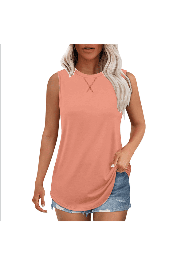 Women's Tops Sleeveless Loose Fit Flowy Tank Crewneck T Shirts Solid Color Tops Workout Clothes Summer Casual Plus Size Tanks Shirts for Women 2025