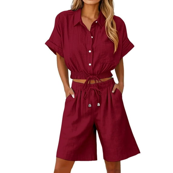 YABCSAZ Women's Two Piece Sets Lounge Sets, Plus Size Shorts Sleeve Button Down Crop Shirts Tops and Loose Bermuda Shorts, Summer Outfits for Women