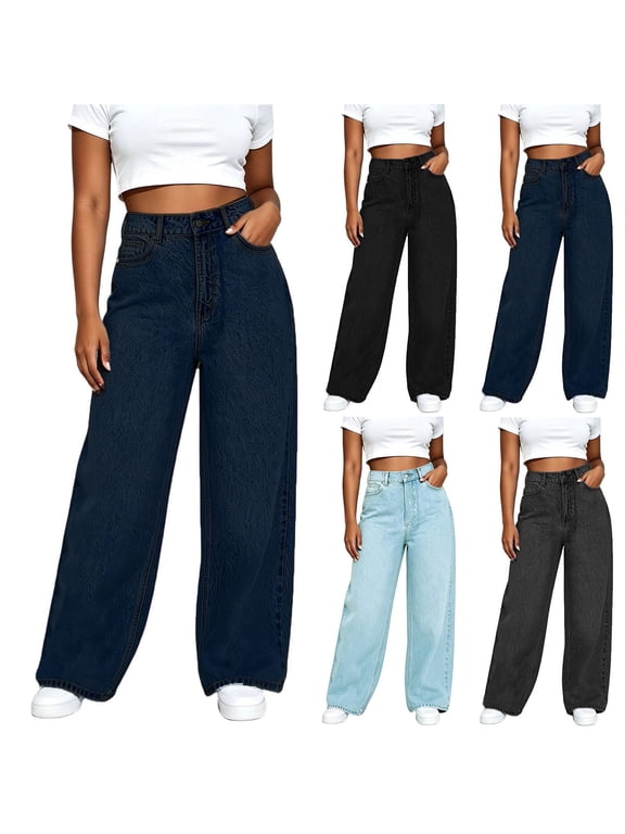 Women's Wide Leg Jeans Plus Size Button Up High Waisted Straight Leg Jeans Loose Denim Boyfriend Pants Stretchy Bootcut Baggy Denim Pants with Pockets