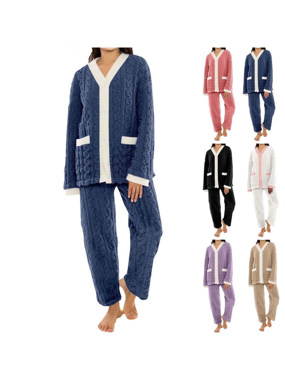 Women's Winter Coral Fleece Pajama Set, Thickened Warm Sleepwear Lounge Set with Solid Color and Elastic Waist, Fleece Lined Loungewear
