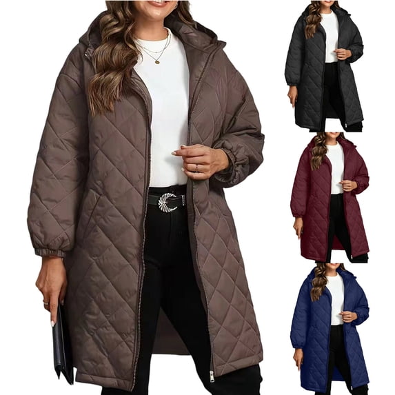 YABCSAZ Women's Winter Quilted Jackets Long Sleeve Full Zip Up Diamond Puffer Jacket Outerwear Oversize Long Coats for Women