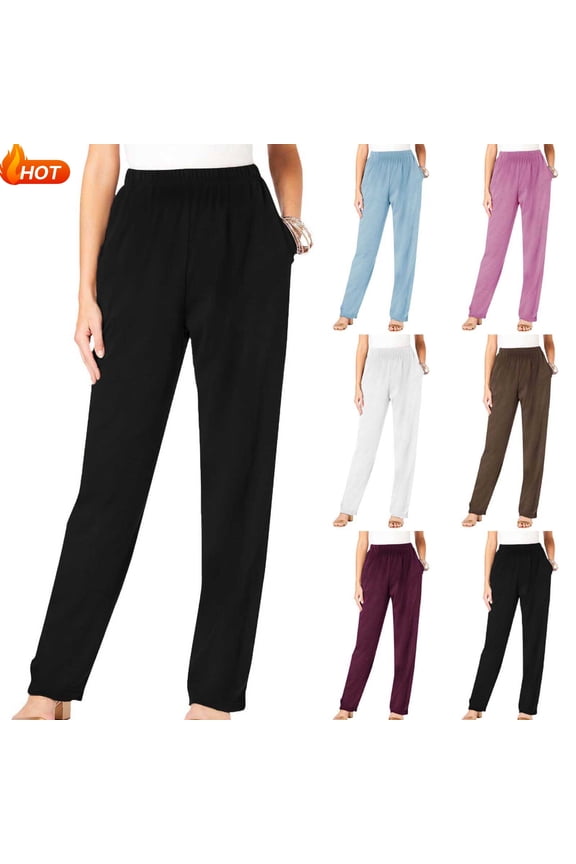 Womens Casual Cotton Pants Lightweight Summer Relaxed Fit Elastic Waist Plus Size Solid Lounge Long Trousers S-5XL