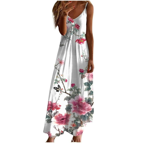 YABCSAZ Womens Dresses Summer Maxi Dress Printed Round Neck Casual Sleeveless Suspender Dress Loose Mid-Calf Dress Hawaiian Holiday Sundress