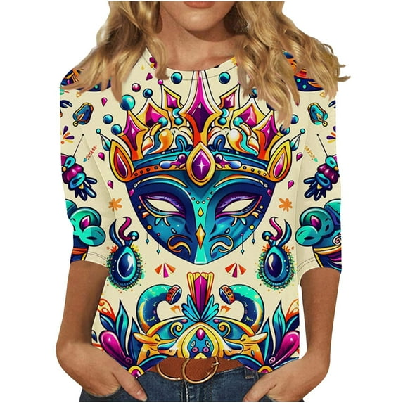 YABCSAZ Womens Mardi Gras Shirt New Orleans Carnival Party Long Sleeve Shirts Top 3D Funny Printed Oversized Tops,Gifts for women