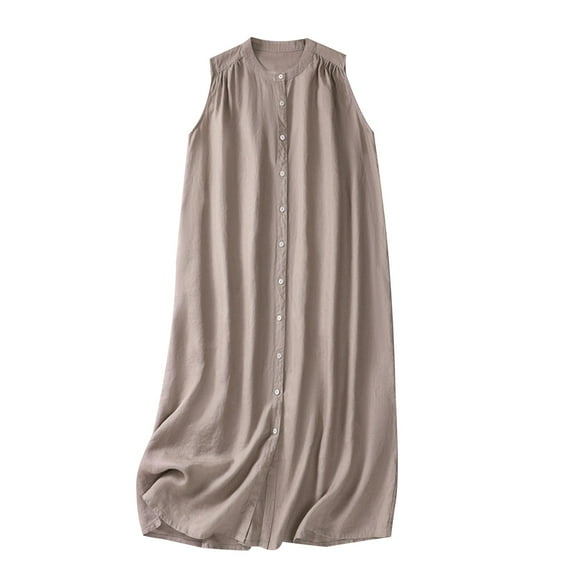 YABCSAZ Womens Summer Dresses Cotton Linen Sleeveless Dress Button Round Neck Solid Color Midi Dress Casual Loose Fit Oversize Dress Summer Dresses for Women 2024