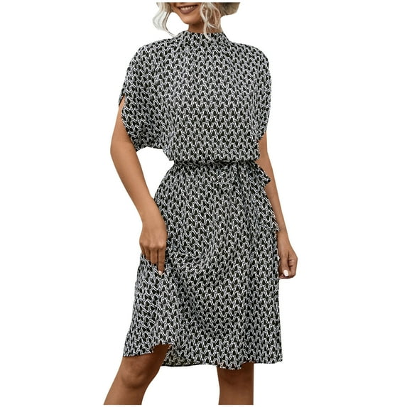 YABCSAZ Womens Summer Dresses Short Sleeve Print Mini Dress Casual Loose Midi Dress Beach Vacation Outfits Hawaiian Dresses Belted Sundress with Pockets Summer Saving Clearance!