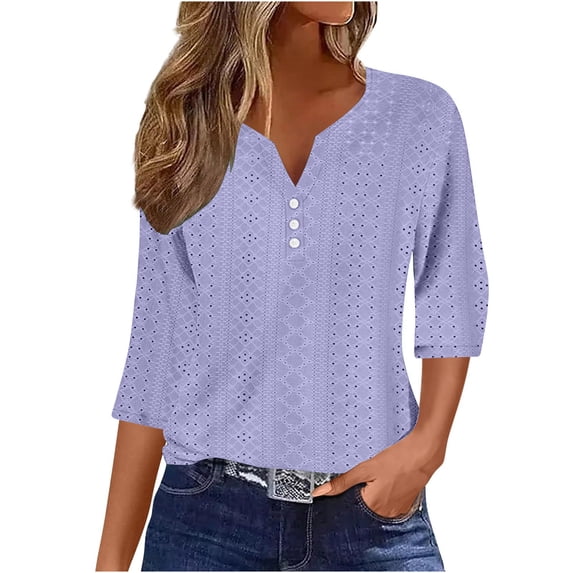 YABCSAZ Womens Summer Tops 3/4 Sleeve V Neck T Shirts Print Casual Loose Fit Tops Soft Comfy Tee Button Summer Tops for Women 2024
