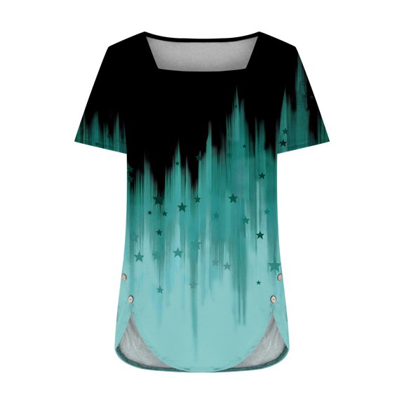 YABCSAZ Womens Summer Tops Short Sleeve Square Neck Print T Shirts Casual Loose Fit Tops Ruffle Soft Comfy Tee Button Side Summer Tops for Women 2024