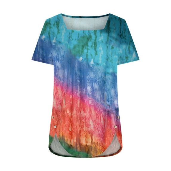 YABCSAZ Womens Summer Tops Short Sleeve Square Neck Print T Shirts Casual Loose Fit Tops Ruffle Soft Comfy Tee Button Side Summer Tops for Women 2024