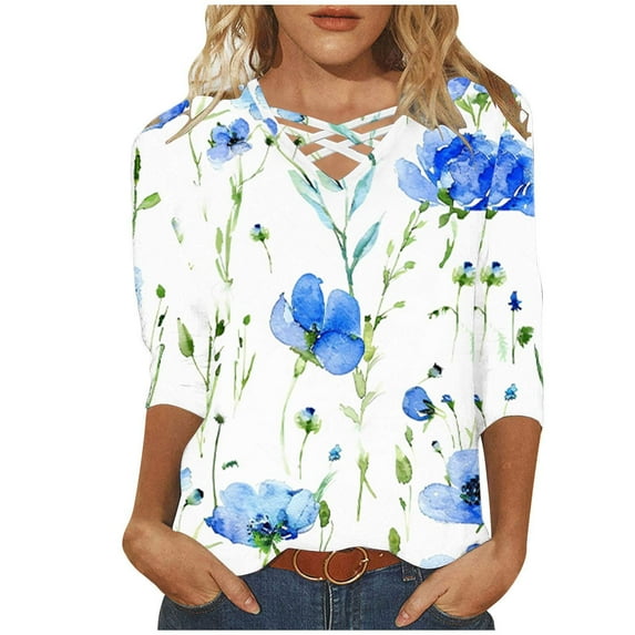YABCSAZ Womens Tops 3/4 Sleeves V Neck Floral Print T Shirts Casual Loose Fit Pullover Tunic Tops Fall Trendy Casual Tee Shirts Womens Summer Tops Summer Saving Clearance!