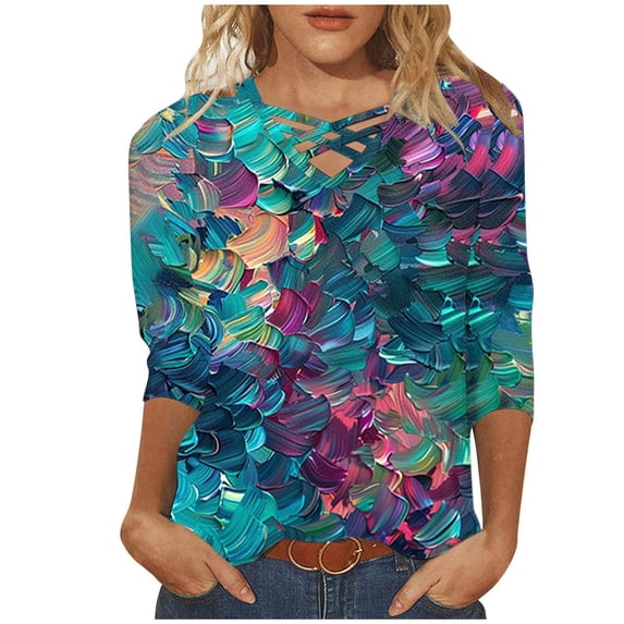 YABCSAZ Womens Tops 3/4 Sleeves V Neck Floral Print T Shirts Casual Loose Fit Pullover Tunic Tops Fall Trendy Casual Tee Shirts Womens Summer Tops Summer Saving Clearance!