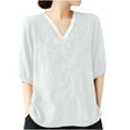 thumbnail image 1 of YABCSAZ Womens Tops Ramie Embroidered Round Neck Cropped Sleeves Summer Casual Solid Color Fashion Tees Loose Fit Soft Comfortable Oversized T-shirts for Women, 1 of 6