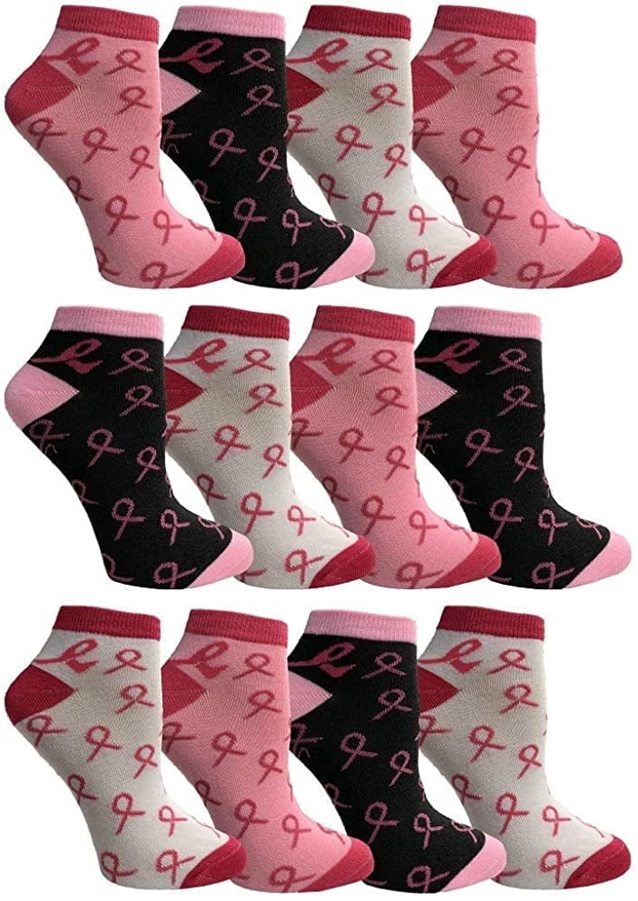 YACHT & SMITH Pink Ribbon Breast Cancer Awareness Ankle/Crew Socks for Women (12 Pairs Assorted A (Ankle) Women (9-11))