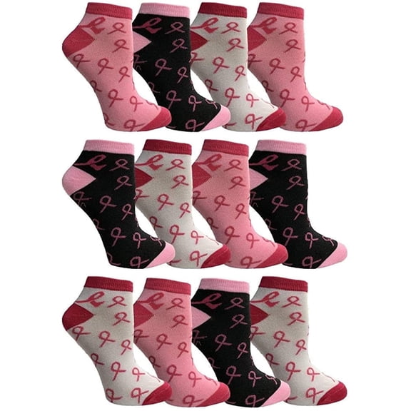 YACHT & SMITH Pink Ribbon Breast Cancer Awareness Ankle/Crew Socks for Women (12 Pairs Assorted A (Ankle) Women (9-11))