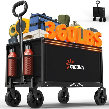 Yacona 3 in 1 Wagons Carts Foldable, Heavy Duty Utility Cart with Wheels, Collapsible Wagon with Cup Holders, for Beach, Camping, Grocery and Garden, 360LBS, Black