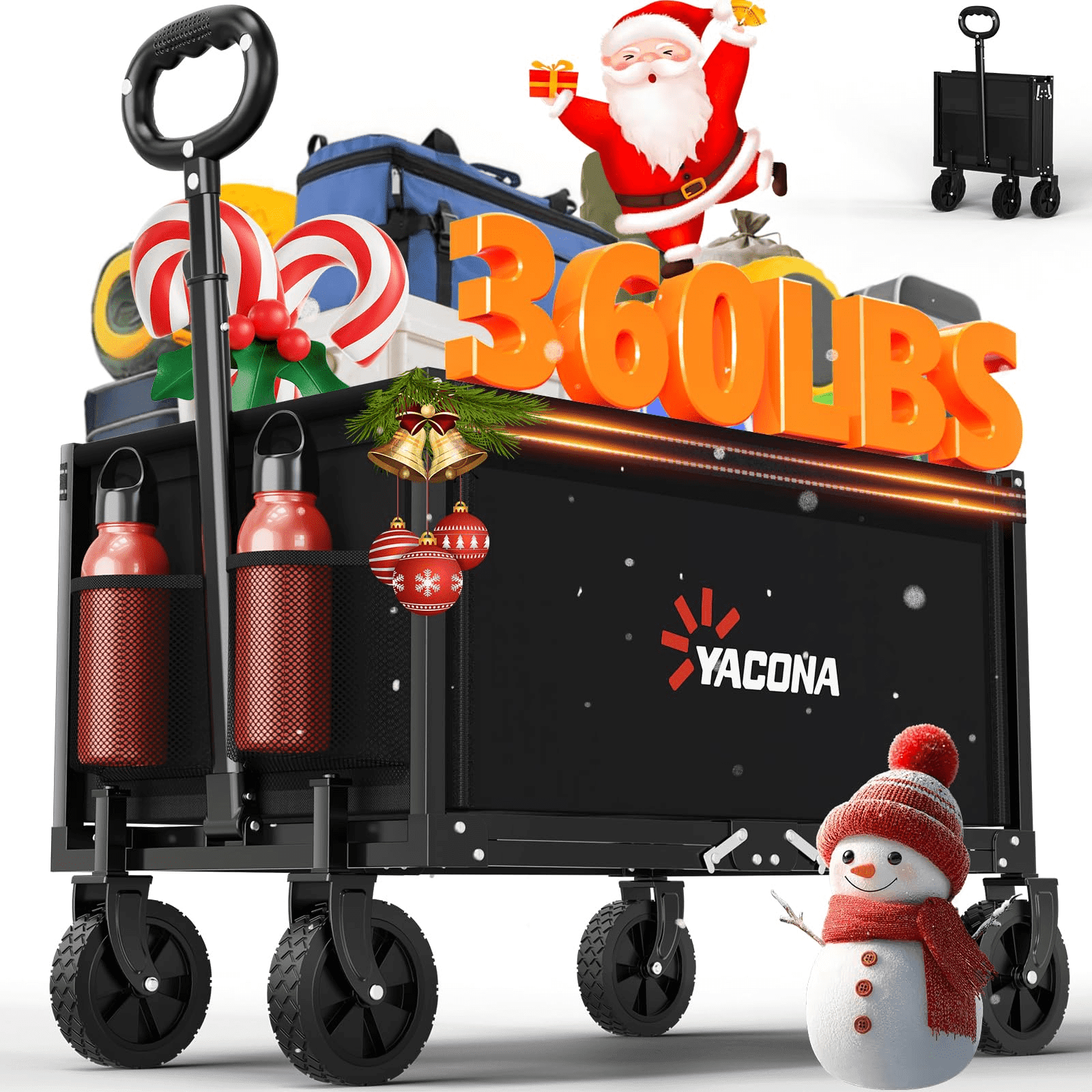 Yacona 3 in 1 Wagons Carts Foldable, Heavy Duty Utility Cart with Wheels, Collapsible Wagon with Cup Holders, for Beach, Camping, Grocery and Garden, 360LBS, Black