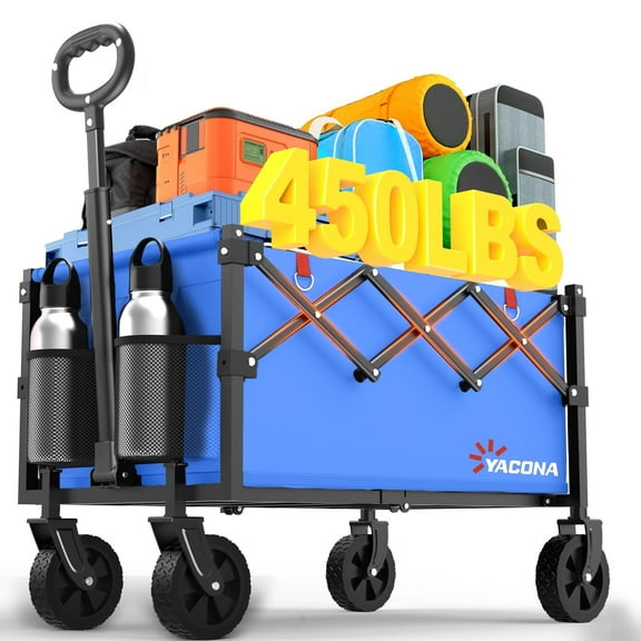 Yacona Foldable Wagon Cart with Wheels, Collapsible Garden Wagons and Carts, Outdoor Utility Folding Cart for Grocery Beach Camping Shopping, Blue