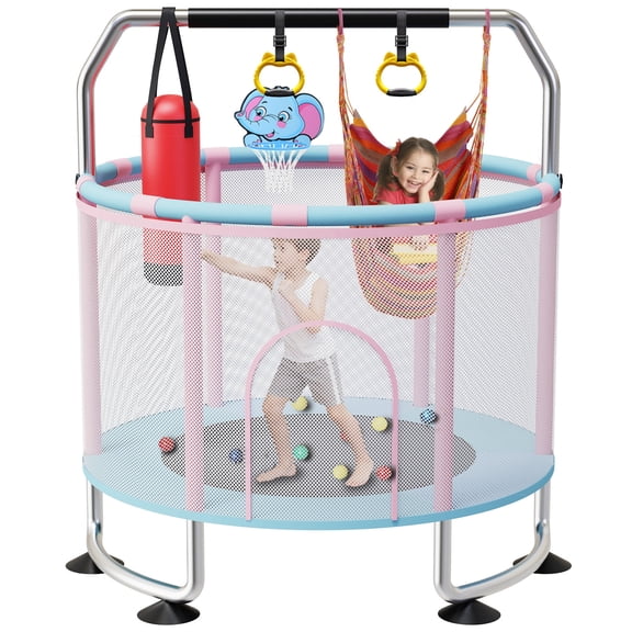 Semoprus Kids' Trampoline, Toddler Trampoline with Adjustable Gymnastics Bar & Toys, Indoor & Outdoor Round Small Trampoline Gift for Boys & Girls, 400 lbs, Light Pink & Blue