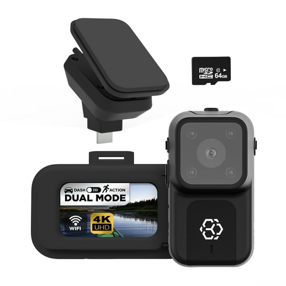YADA BEON 4K Mini Dash Cam Action Body Cam 2-in-1, App Compatible, WiFi, GPS and Smart G-Sensor, 680mAh Battery, 64GB SD Card Included, BEON3BK