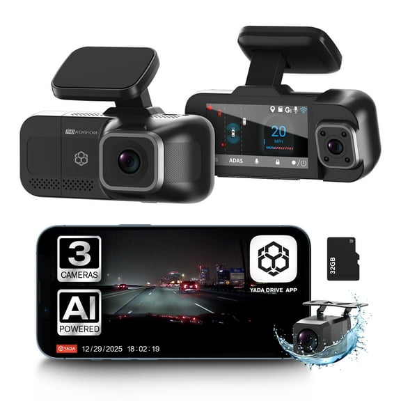 YADA Roadcam AI 3-Channel Dash Cam with AI-Powered Driver Assistance, Front Interior Rear Full-Coverage 1080p, BT534582
