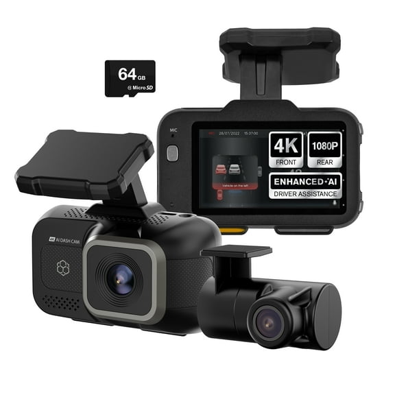 YADA Roadcam AI PLUS, AI-Powered 4K Dash Cam with 1080p Rear Cam, Full-Coverage Driver Assistance