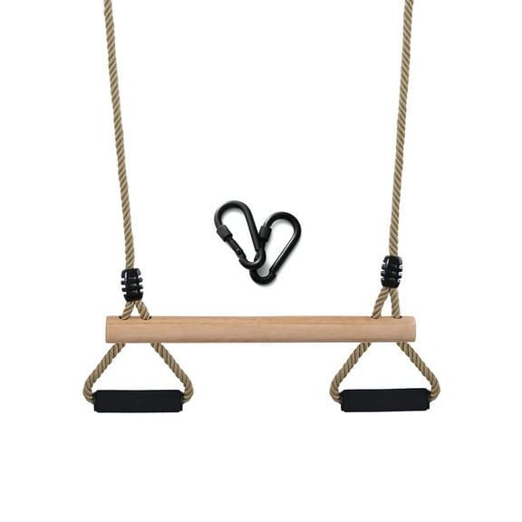 YAERSI Wooden Trapeze Swing Bar with Gym Rings for Swing Set, Indoor Outdoor Playground, Black