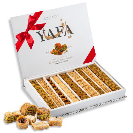 YAFA Baklava -Middle Eastern Sweets- Pistachio Baklava - Bakery Dessert - Turkish Delights Assorted - Eid Gift Basket -Turkish Baklava - Taste of Palestine - Baklava Gift Box 850g (80-84pcs)