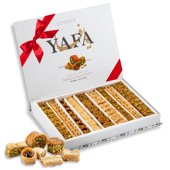 YAFA Baklava -Middle Eastern Sweets- Pistachio Baklava - Bakery Dessert - Turkish Delights Assorted - Eid Gift Basket -Turkish Baklava - Taste of Palestine - Baklava Gift Box 850g (80-84pcs)