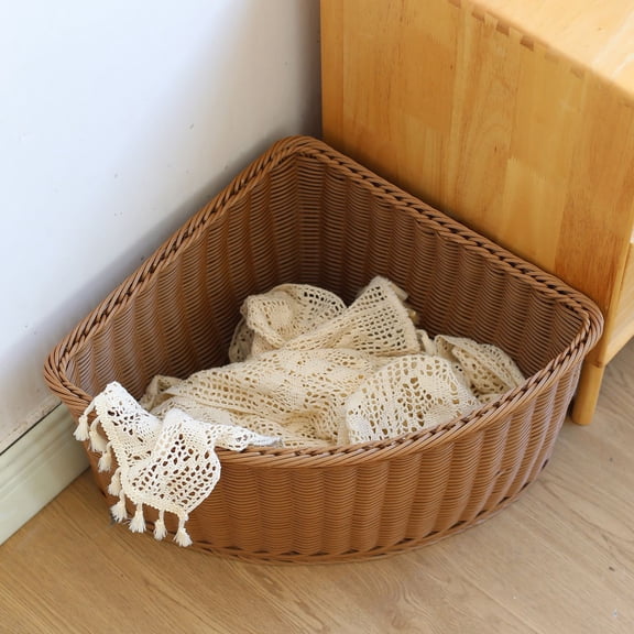 YAFABRO 1 Piece Fan‑Shaped Corner Storage Basket, Triangular Plastic Wicker Organizer for Closet, Wall Corner, Arched Half‑Round Bin for Awkward Spaces – Farmhouse