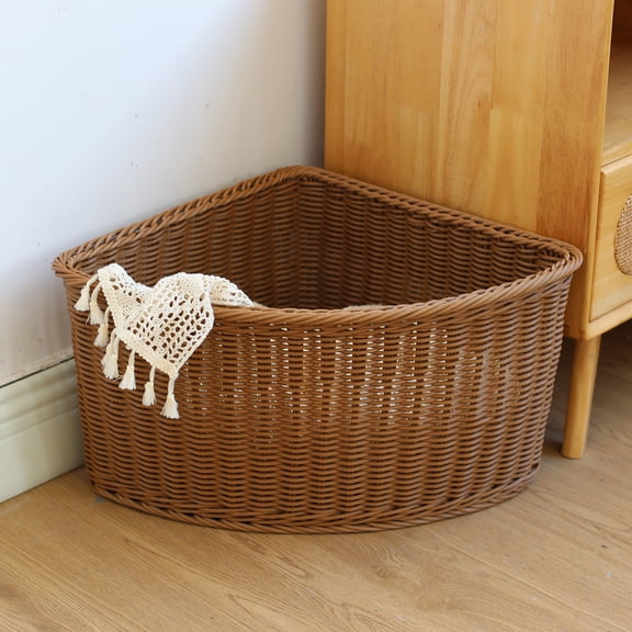 YAFABRO 1 Piece Fan‑Shaped Corner Storage Basket, Triangular Plastic Wicker Organizer for Closet, Wall Corner, Arched Half‑Round Bin for Awkward Spaces – Farmhouse