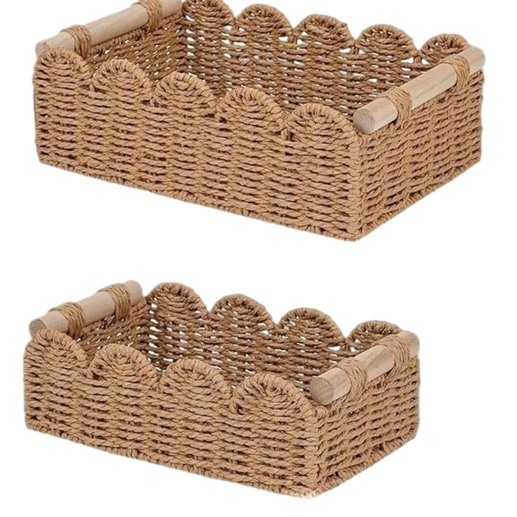 YAFABRO Handwoven Paper Rope Storage Basket with Scalloped Edge and Wooden Handles, Faux Rattan Wicker Bin for Home Decor, Living Room Organizer
