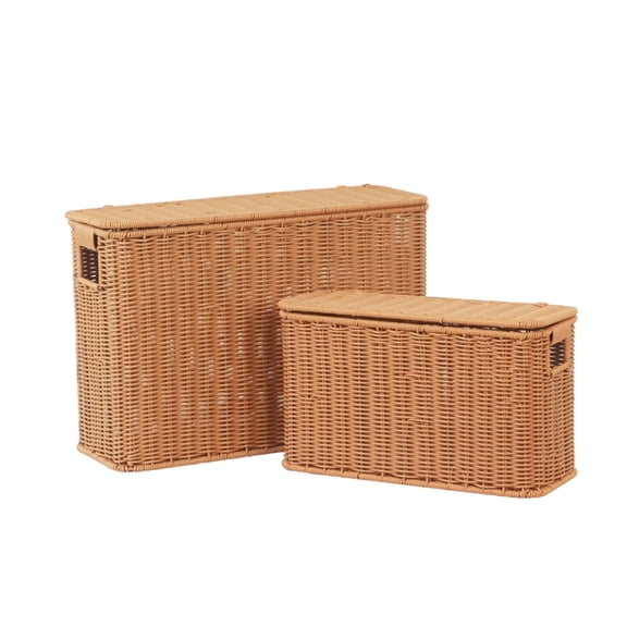 YAFABRO Pack of 2 Narrow Tall Storage Basket with Lid, Plastic Wicker Slim Organizer for Tight Spaces, Slim Magazine Rack for Side of Sofa, Corner, Gap, Bathroom, Kitchen