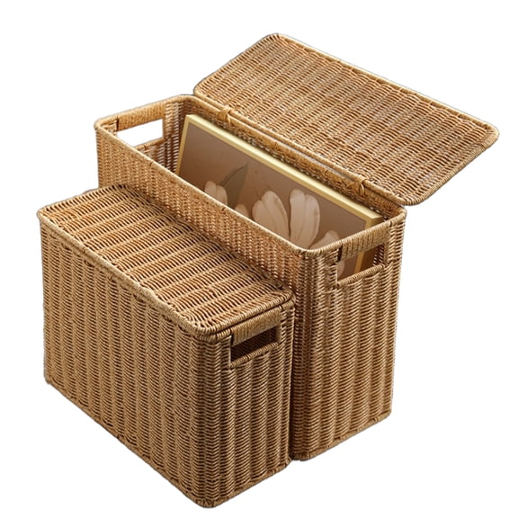 YAFABRO Set of 2 Slim Storage Tower with Lid, Narrow Plastic Wicker Basket, Tall Magazine Rack for Sofa Side, Corner, Bathroom, Kitchen Space Saving Organizer