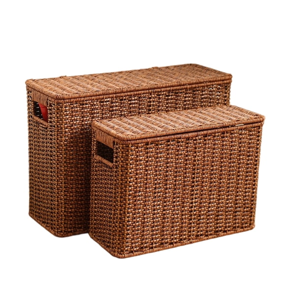 YAFABROO Set of 2 Narrow Tall Storage Basket with Lid, Plastic Wicker Slim Organizer for Tight Spaces, Slim Magazine Rack for Side of Sofa, Corner, Gap, Bathroom, Kitchen
