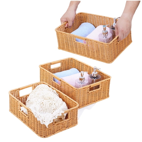 YAFABROSet of 3Rectangular Plastic Woven Storage Baskets with 3-Hole Handles for Desktop Snacks, Living Room Clutter, Home Organizer